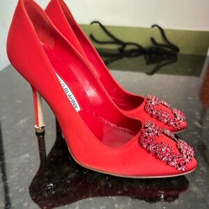 Manolo Blahnik Red Crystal Embellished Heels size 34